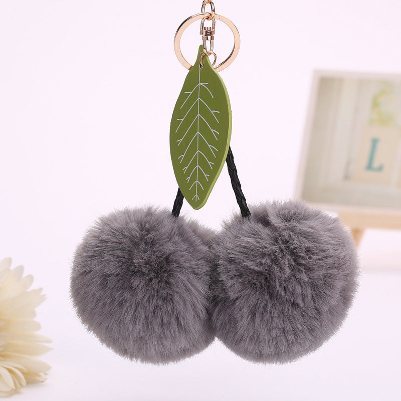 Womens Plush Cherry Keychain Cute Fruit Hair Ball Pendant Fluffy Pom Pom Handbag Charm Fashion Accessory Girls