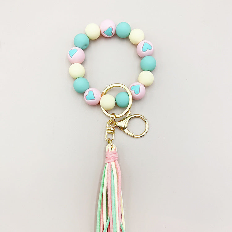 Women Silicone Beads Bracelet Keyring With Velvet Tassel Peach Heart Charm For Car Luggage Pink Green Fun Gift