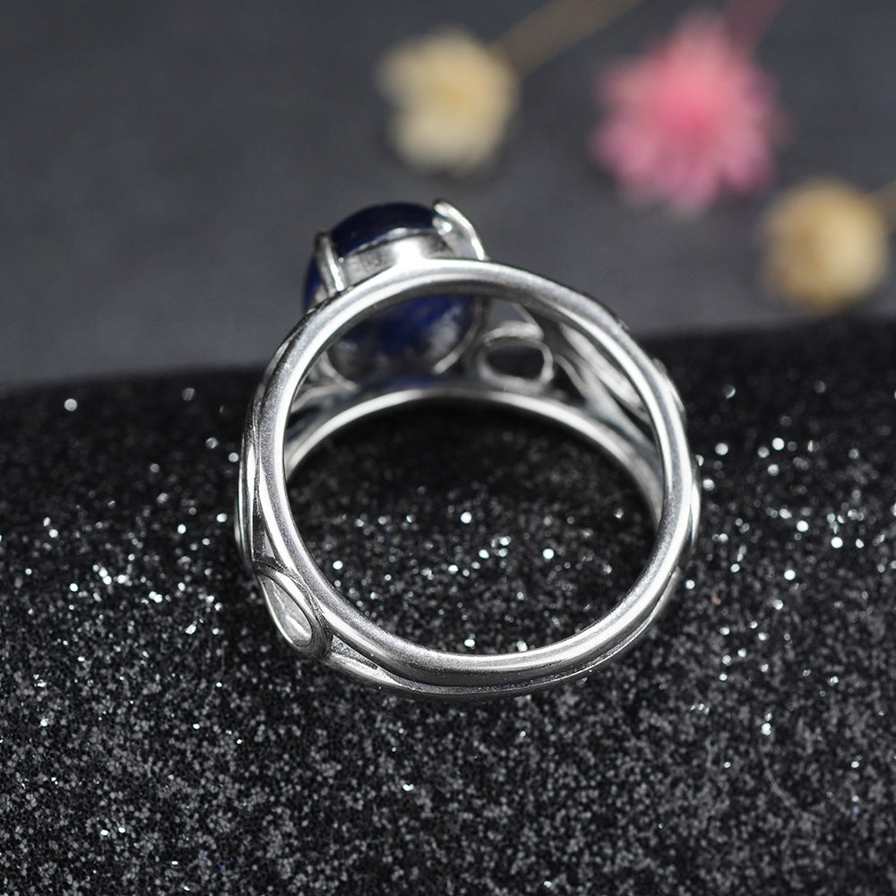 Women's Retro Ring with Natural Gemstone Hollow Pattern Copper Band Statement Ring for Her Vintage Inspired Jewelry Gift US Size 6 7 8 9 10