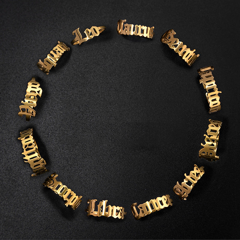 Stainless Steel Zodiac Sign Open Ring Adjustable Gold Letter Initial Ring for Women Lightweight Everyday Spark