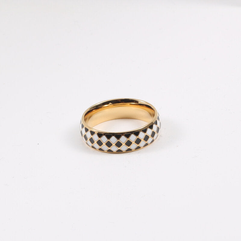 Women Titanium Steel Ring Diamond Checkerboard Geometric