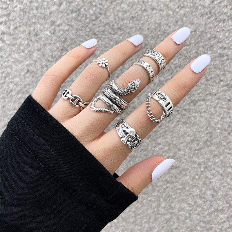 Women Alloy Ring Set Featuring Snake Butterfly Flower And Mushroom Designs Fashion Jewelry European Style Chic