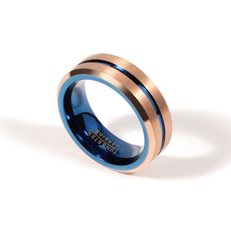 Rose Gold Blue Two Tone Tungsten Ring For Men Durable Geometric Band Modern Style Sizes 8 9 10 11 12 Comfort Fit