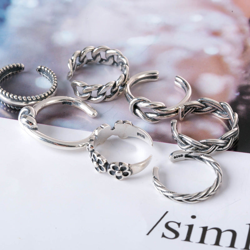 Womens Retro Knotted Alloy Ring Set Geometric Shapes Adjustable Opening Electroplated Finish 7 Piece Collection