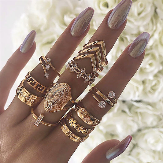 Unisex Fashion Rings Set Retro Portrait Gold Coin Cross Butterfly Pattern Alloy Jewelry Collection Pack Travel