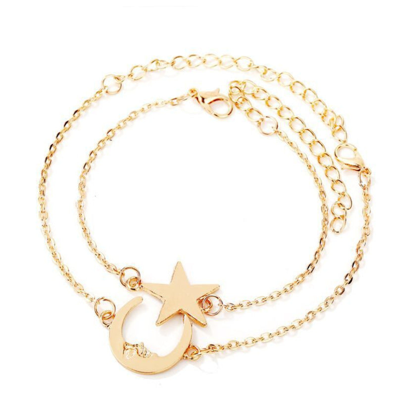 Womens Star Moon Charm Bracelet Delicate Chain Adjustable Jewelry Korean Fashion Electroplating Extension Charm