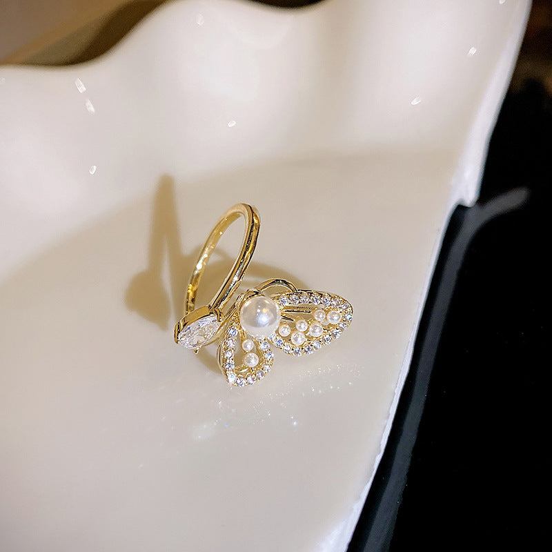 Womens Butterfly Pearl Ring GoldTone Rhinestone Inlaid Copper Alloy Fashion Statement Jewelry Unique Accessory