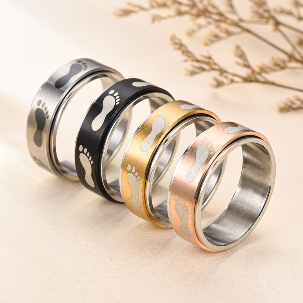 Titanium Steel 8mm Laser Marking Footprint Ring Unisex Durable Fashion Jewellery Band For Men Women Daily Wear