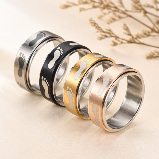 Titanium Steel 8mm Laser Marking Footprint Ring Unisex Durable Fashion Jewellery Band For Men Women Daily Wear