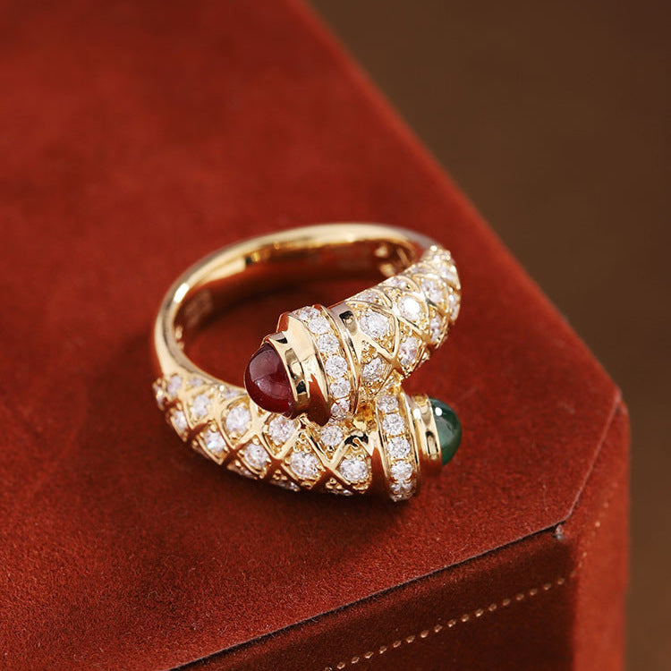 Gold Plated Diamond Micro Set Ring Geometric Antique Design With Red And Green Gemstones US Size Six For Women