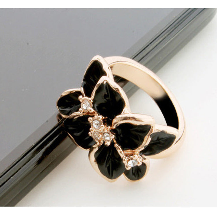 Womens Retro Flower Ring Crystal Painting Dripping Oil Alloy Floral Statement Ring Vintage Jewelry Faceted Crystal
