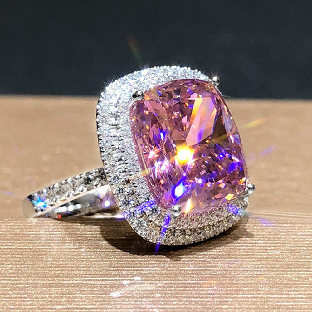 Geometric Zircon Inlays Copper Ring For Women Pink Color Elegant Fashion Jewelry Geometric Design Inlaid Ring