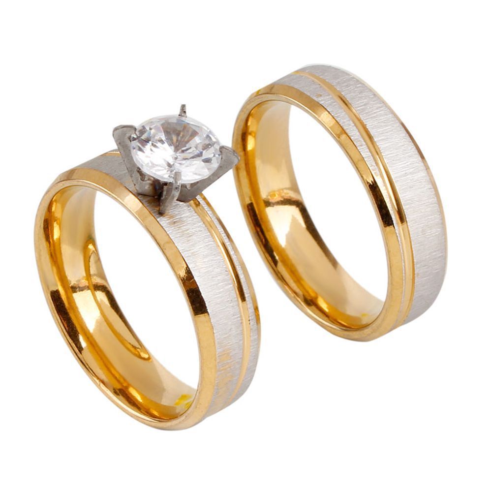 Two Tone Brushed Stainless Steel Rings With Gold Plated Accent Sandblasted Metal Rings For Couples Luxury Line