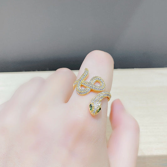 Snake Shaped Adjustable Copper Ring With Gold Plated Inlay Gems Semiprecious Stones Korean Style Women Fashion Ring