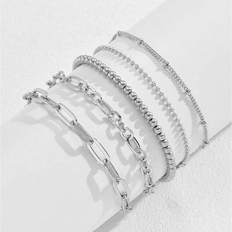 Womens Alloy Bracelet Set Multi Layer Bead Ball Chain And Cross Back Chain Fashion Jewelry 5 Piece Gold Tone Finish