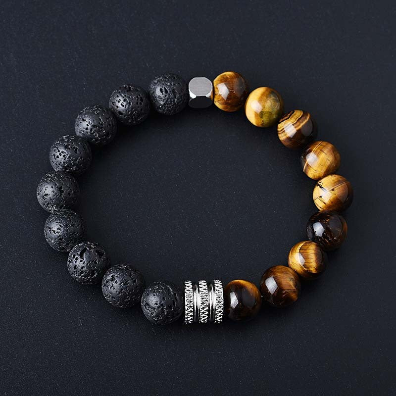 Mens Two Tone Stainless Steel Bracelet With Volcanic Tiger Eye Titanium Steel Geometric Design For Him Jewelry Gift
