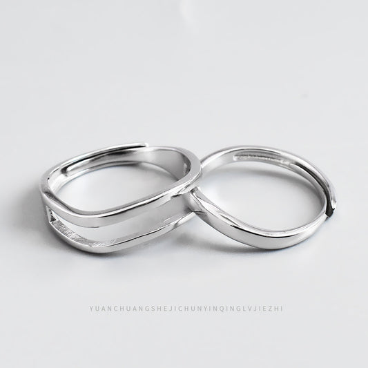 Sterling Silver 925 Couple Rings Adjustable Open Wave Design His Hers Matching Bands Fashion Jewelry For Twins