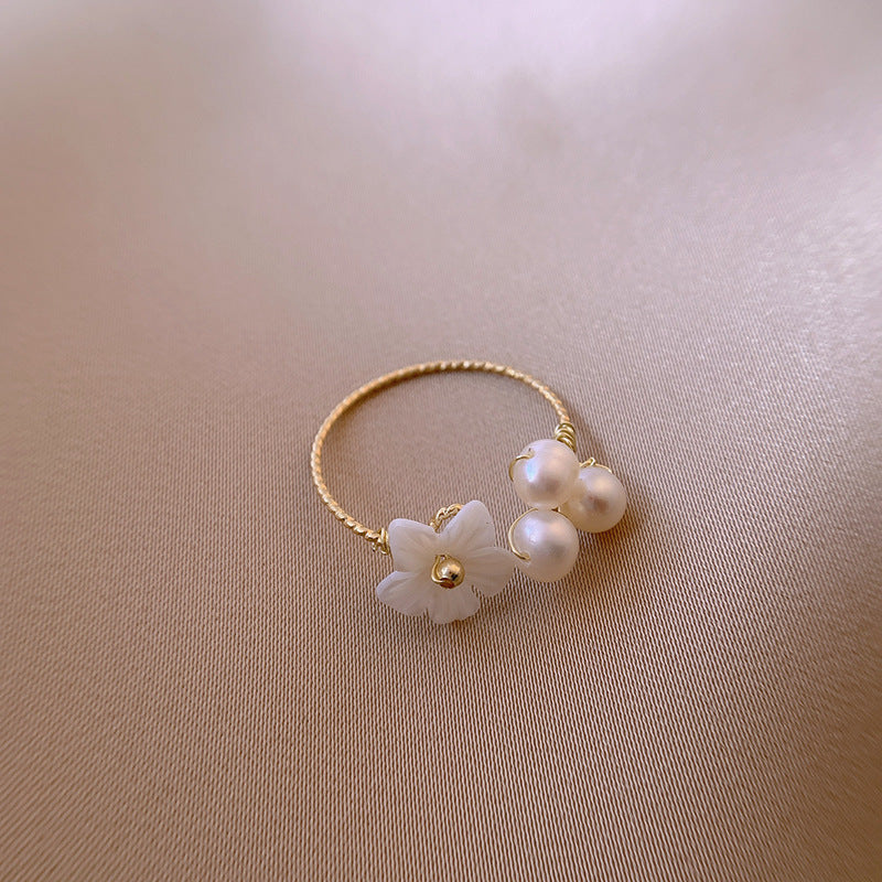 Womens Freshwater Pearl Flower Ring Gold Plated Copper Adjustable Band Elegant Jewelry Everyday Style Gift Now