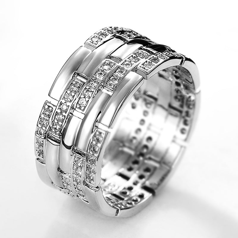 Men Wide Zircon Micro Pave Ring Copper Geometric White Gold Tone Fashion Jewelry Accessory Elegant Unisex Ring