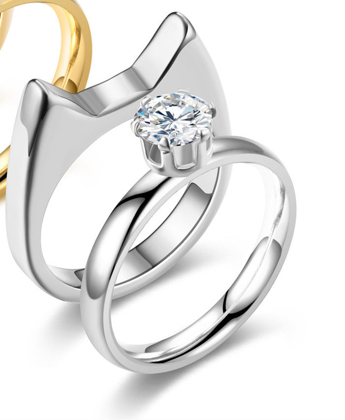 Cat Ear Rings Stainless Steel Polished Cartoon Couple Jewelry Gift For Animal Lovers Golden Zircon Accents Lux