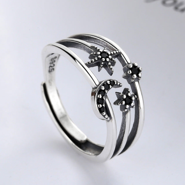 Sterling Silver Moon And Star Open Ring Vintage Geometric Design 925 Jewelry For Women Daily Wear Elegant Accessory
