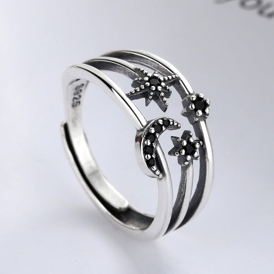 Sterling Silver Moon And Star Open Ring Vintage Geometric Design 925 Jewelry For Women Daily Wear Elegant Accessory