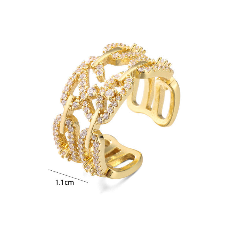 Womens Double Row Zircon Ring With 18K Gold Plated Copper Adjustable Band Elegant Fashion Jewelry Sparkle Glow