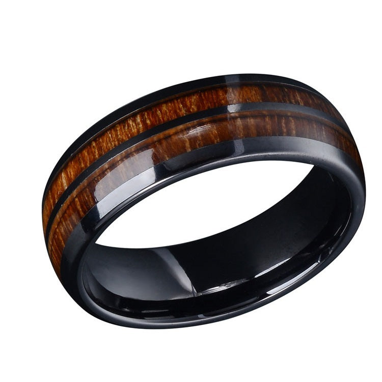 Black Stainless Steel Ring Double Fluted Wood Grain Design Geometric Fashion Jewelry Unisex Durable Versatile