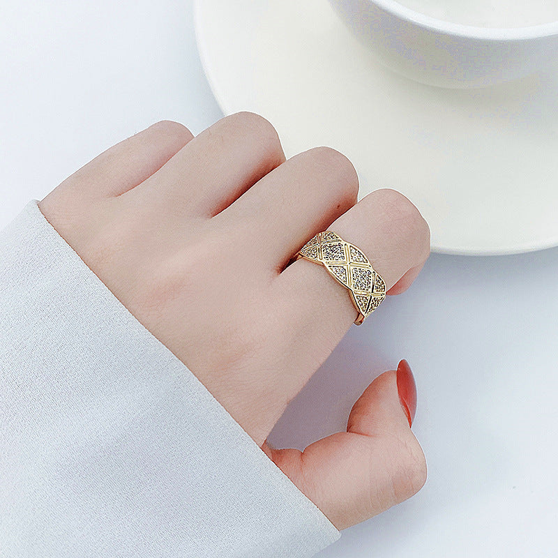 Copper Ring Exquisite Wide Version Korean Style Gold Plated Inlaid Zircon Adjustable Ring For Women Elegant Accessory