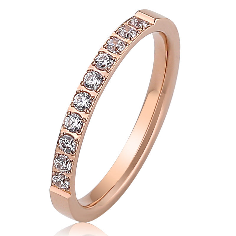 Titanium Steel Rose Gold Diamond Ring With Zircon Stone