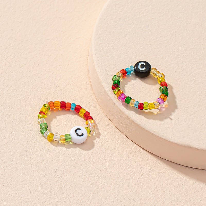 Beaded Letter Initial Ring For Ladies And Men Resin Alphabet Trendy Korean Geometric Ethnic Retro Jewelry Gift