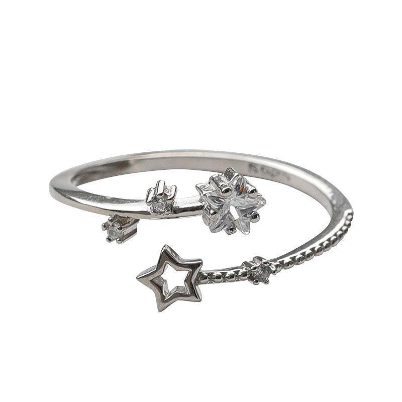 Double Layer Pentagram Star Ring Adjustable Opening White Gold Plated Copper With Alloy Inlaid Artificial Gems