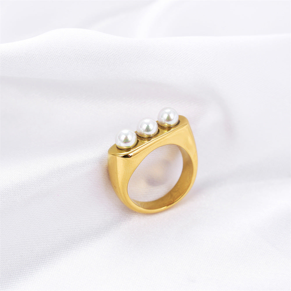 Womens Square Pearl Ring Vintage Gold Stainless Steel Geometric Statement Jewelry Gift For Her Fashion Jewelry