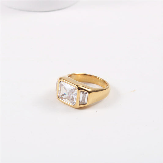 Geometric Zircon Stainless Steel Ring with Golden Finish Statement Jewelry for Women Elegant Fine Jewelry Gift