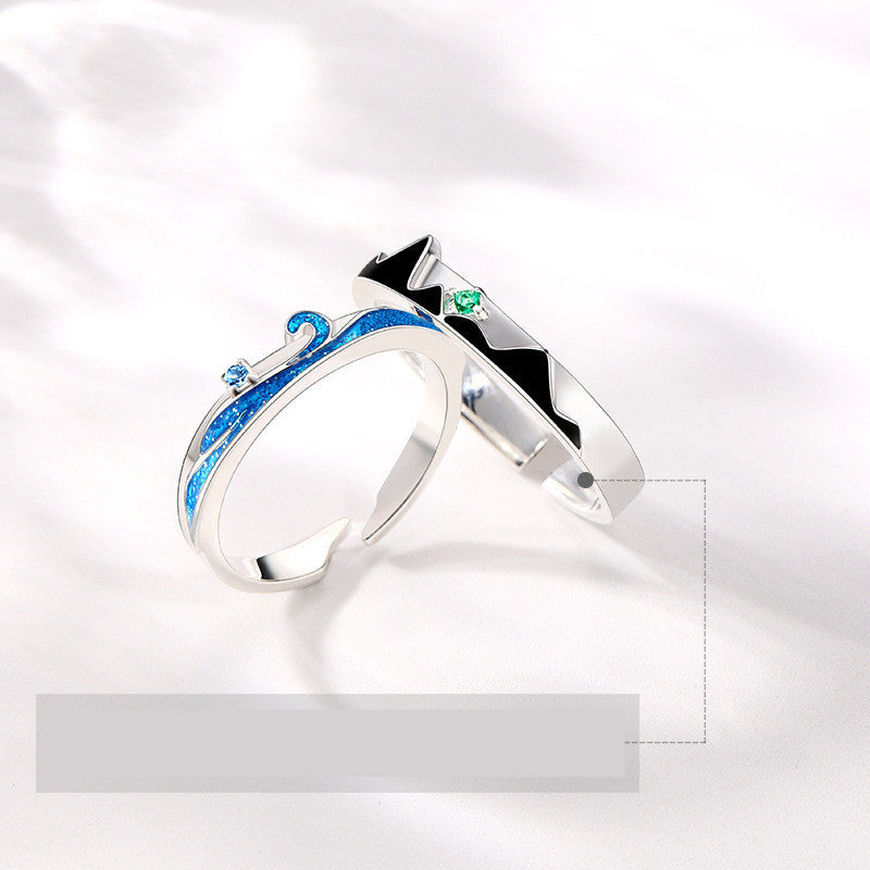 Sterling Silver Couple Rings Wave Design Diamond Inlaid Matching Bands Korean Promise Rings for Him and Her 925 Silver Anniversary Engagement Rings Sets