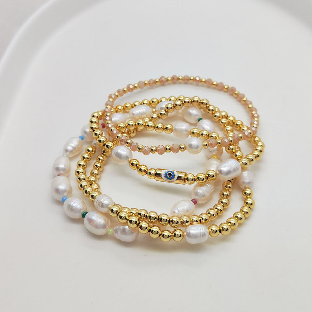 Womens Hand Woven Bracelet Freshwater Pearl Crystal Glass Beads Multi Layer Geometric Design Fashion Stylish Jewelry