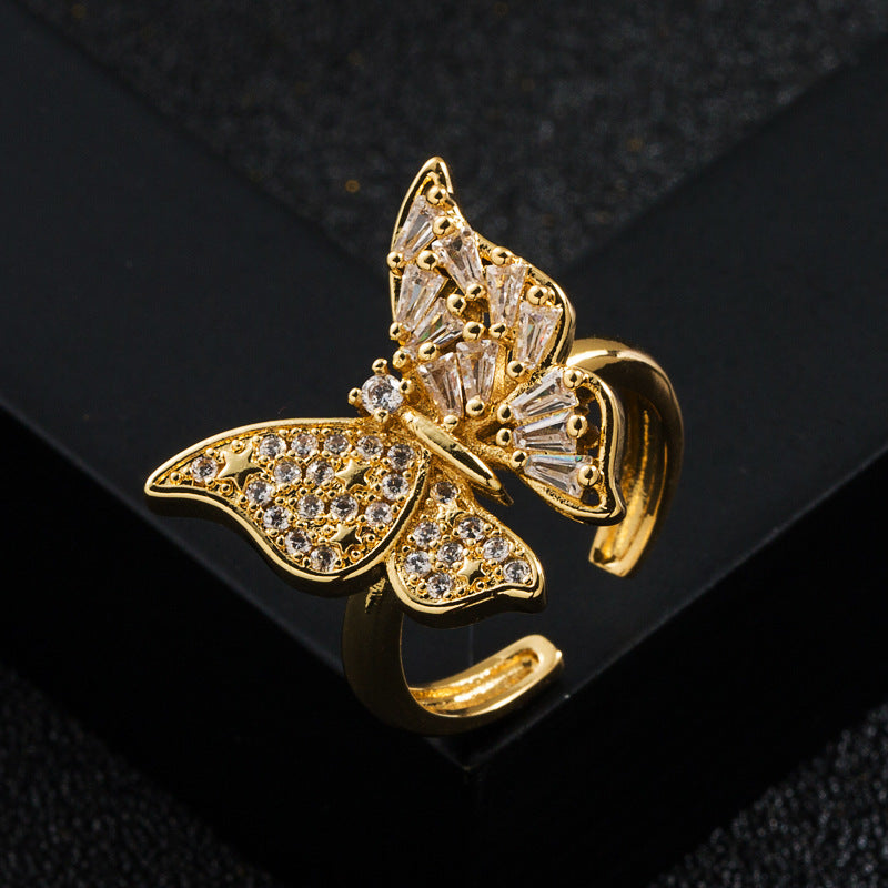 Copper Gold Plated Micro Zircon Bee Ring Unisex Adjustable Opening Geometric Style Jewelry for Daily Wear Vibe