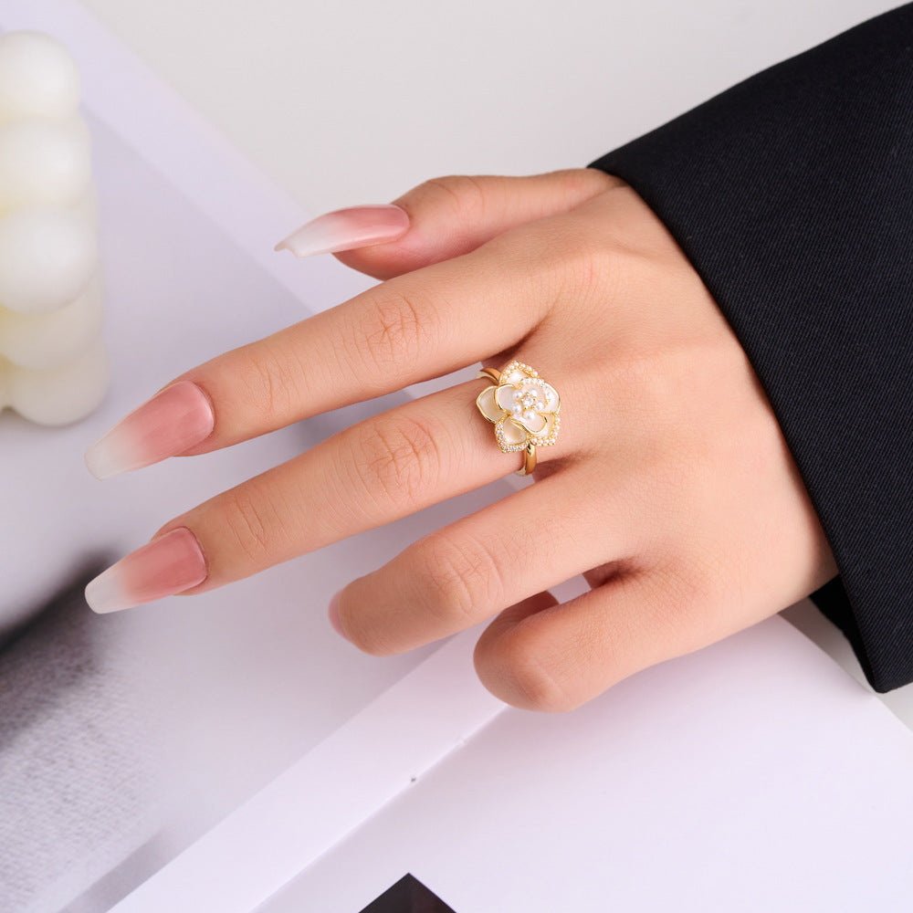 Copper Flower Open Ring Elegant Dripping Oil Design Floral Adjustable Band Ring Niche Jewelry Gift For Her For