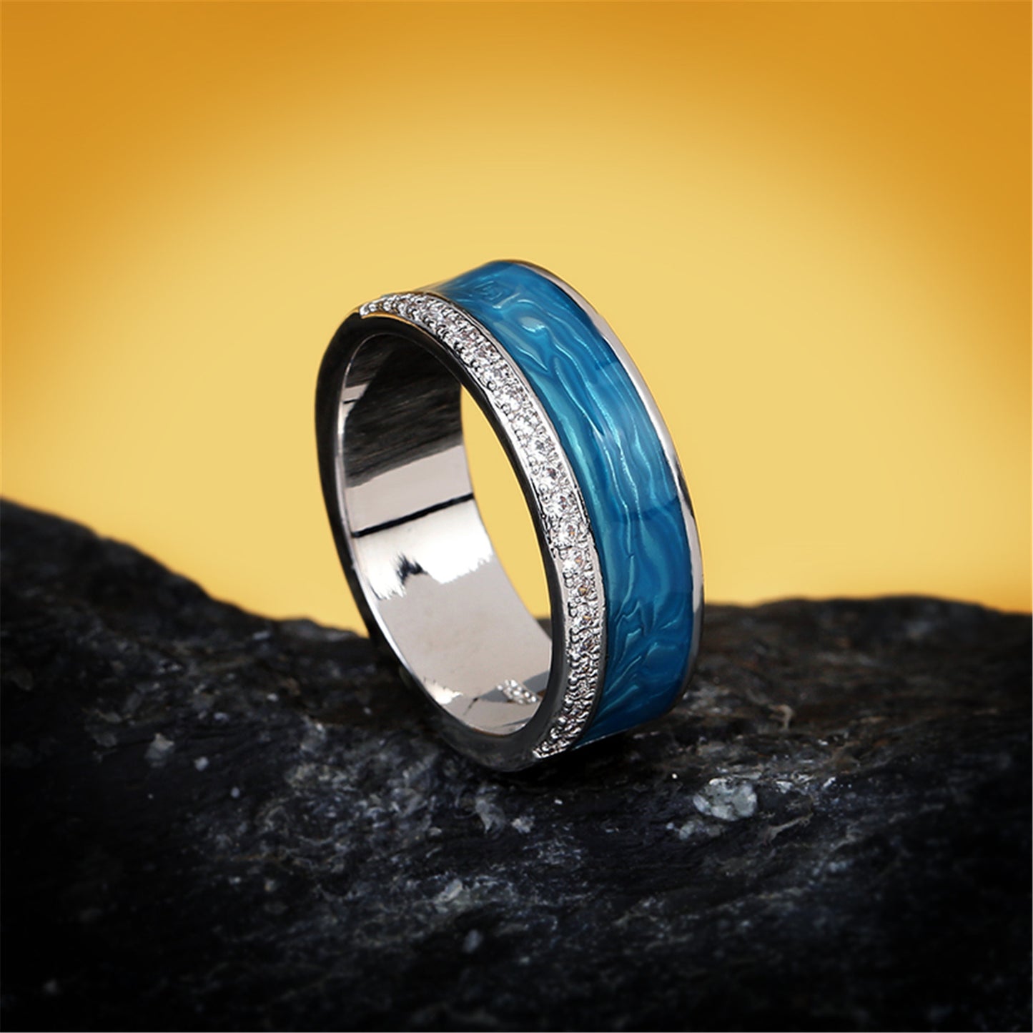 Womens Retro Enamel Ring With Natural Texture Brass Vintage Geometric Zircon Inlay Size 6 7 8 9 10 Brass Shine