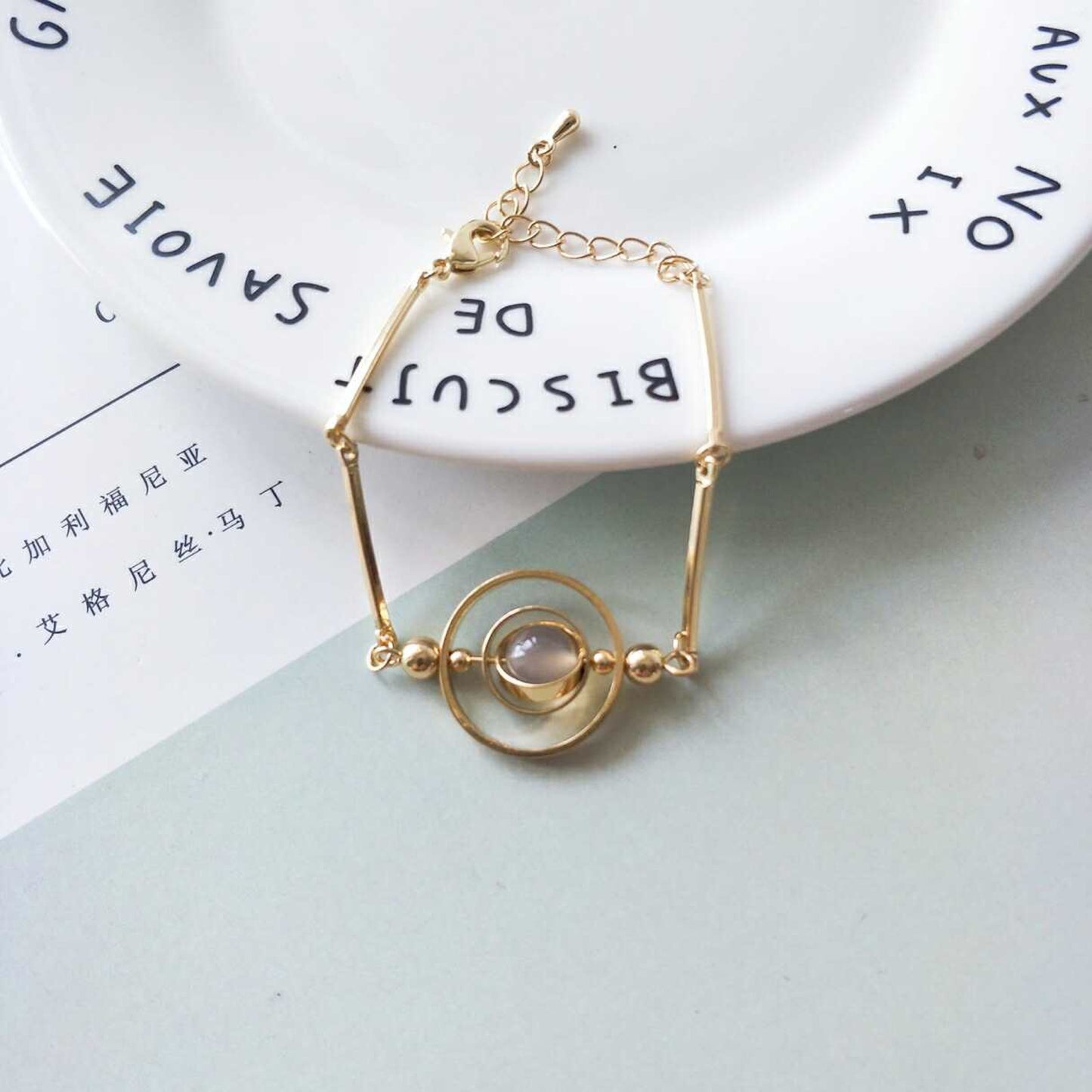 Women Gold Plated Bracelet Geometric Overlapping Circle Design with Peacock Green Grey Blue Sphere Stones Gems