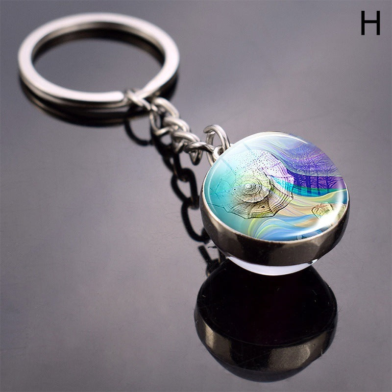 Double Sided Glass Ball Key Ring With Turtle Charm Time Gem