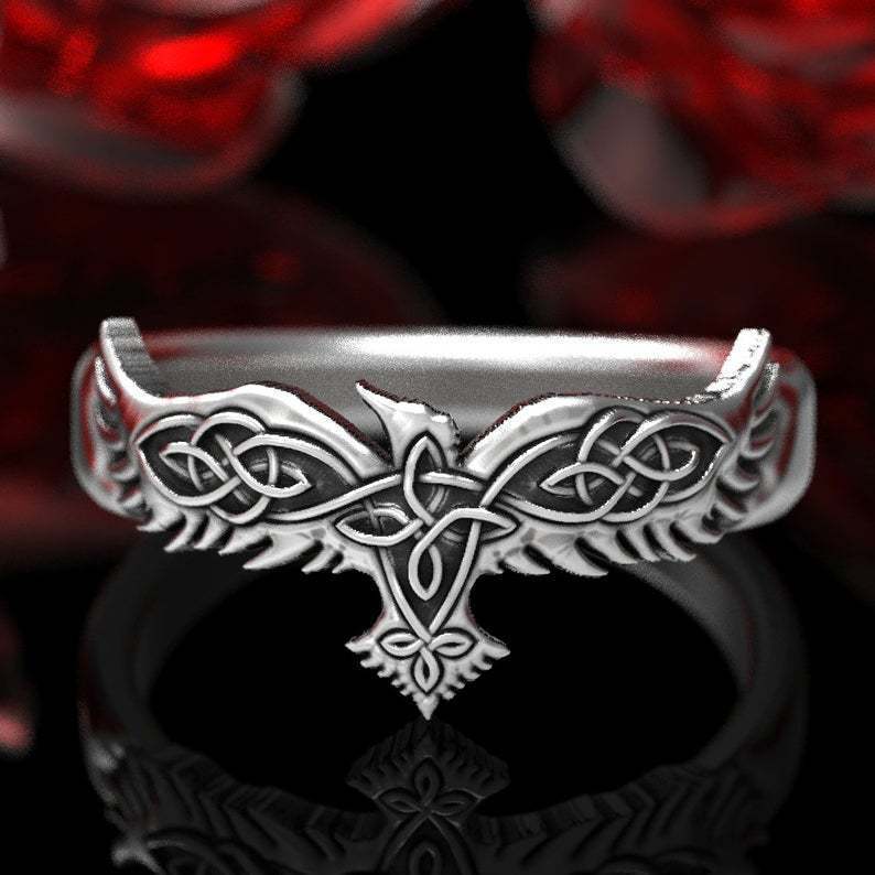 Unisex Geometric Crow Ring Ancient Silver Metal Statement Ring Fashion Jewelry Accessory Men Women Bird Ornate