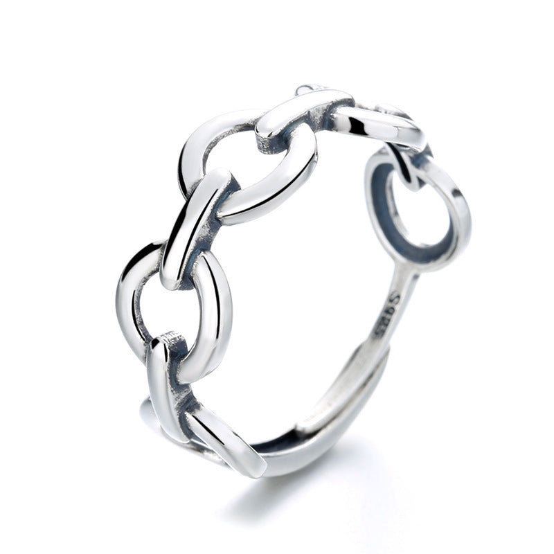 Women Silver Chain Link Ring Adjustable Opening Antique Polished Fashion Jewelry Gift For Her Women Girls Gift
