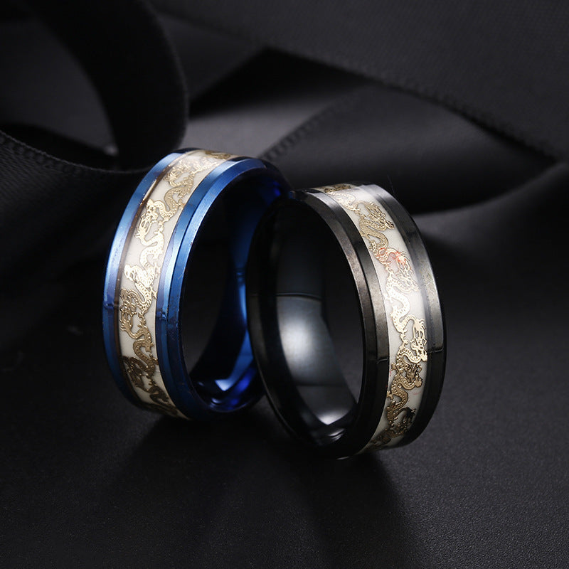 Unisex Titanium Steel Ring With Fluorescent Double Dragon Mosaic Inlays Simple Band For Men And Women Everyday