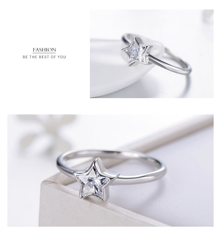 Womens Sterling Silver Ring With Star Design And Zircon Inlay Engagement Ring Jewelry Gift For Her Five Point Star
