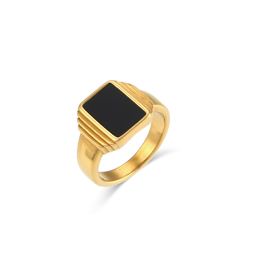Geometric Square Stainless Steel Ring Women Striped Black Zircon Texture Electroplated Thin Jewelry Fashion Size 6 7 8