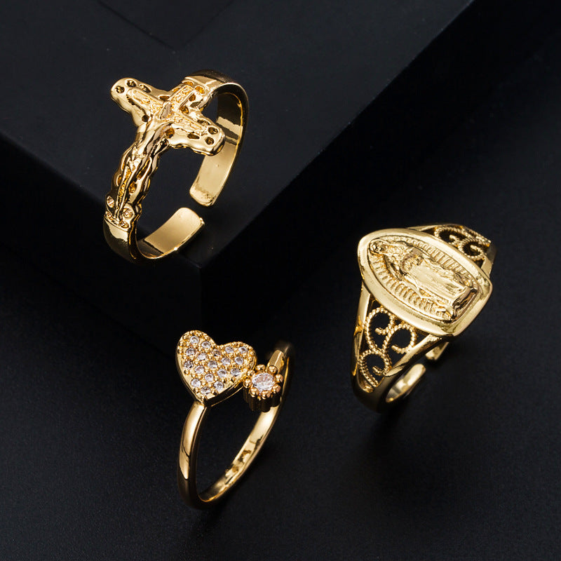 Womens Adjustable Copper Ring Gold Plated With Zircon Inlaid Geometric Design Elegant Wedding Jewelry For Women