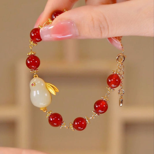 Womens Electroplated Alloy Bracelet Set Trendy Fashion Jewelry Simple Rabbit Shape Bangle Gift Red Yu Stone Charm