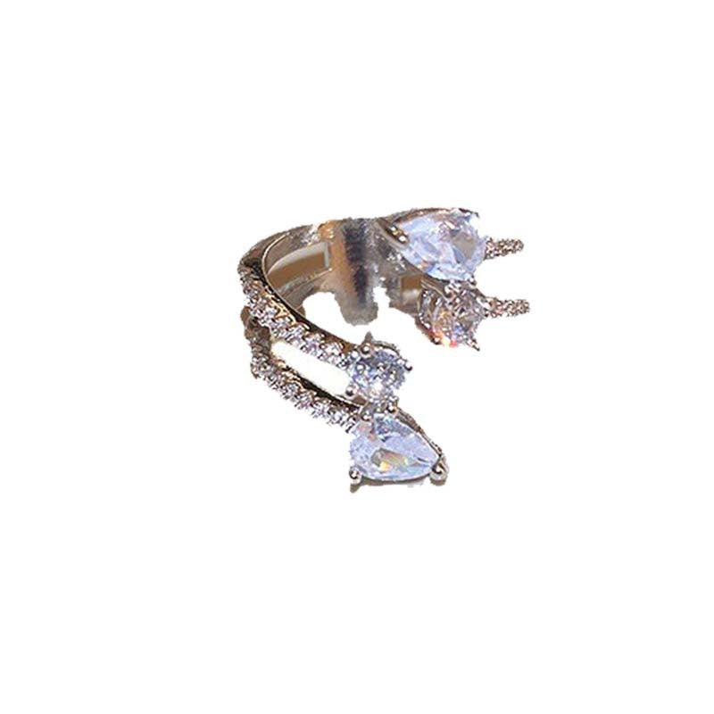 Womens Zircon Water Drop Copper Geometric Ring Open Adjustable Dual Layer Elegant Chic Jewelry Gift Idea Today