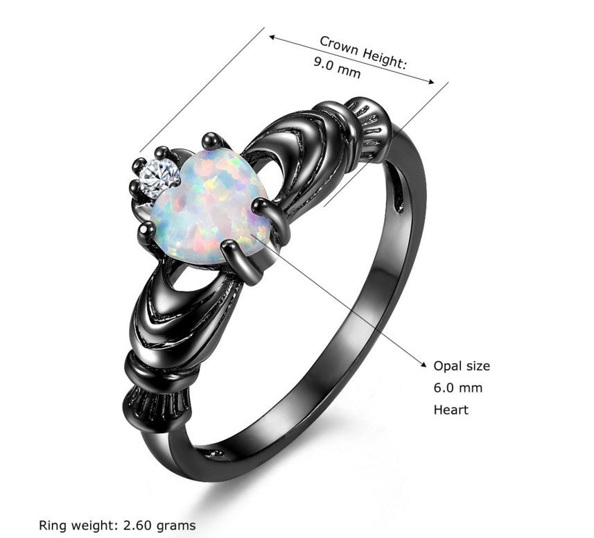 Womens Heart Opal Crown Ring Gunmetal Cocktail Jewelry Durable High Quality Elegant Style Gift For Ladies Chic